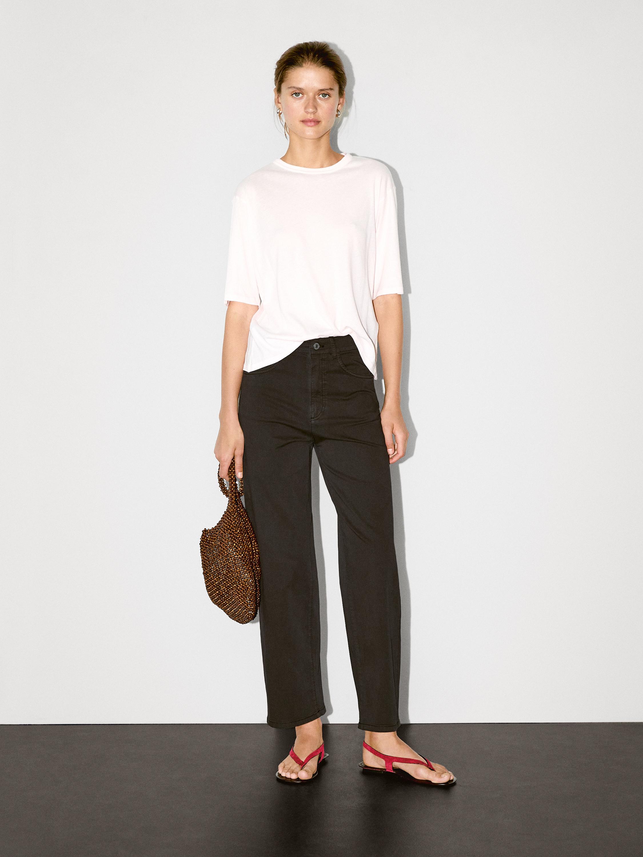 Cotton blend straight-leg cropped trousers